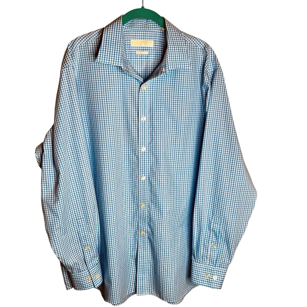 Michael Michael Kors Mens Button Down Shirt 17.5 34/35 Blue/W Plaid Long Sleeves - Picture 3 of 6
